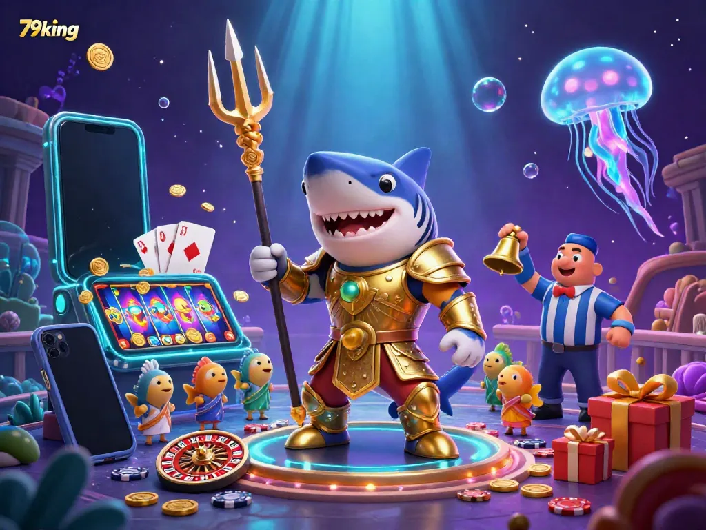Engage with thrilling games at 79king featuring a cartoon tiger shark in armor amidst vibrant underwater casino elements.
