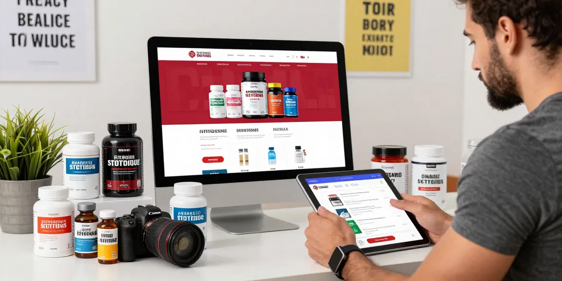 Steroide Boutique product selection in a vibrant e-commerce environment with fitness enthusiast browsing steroids.
