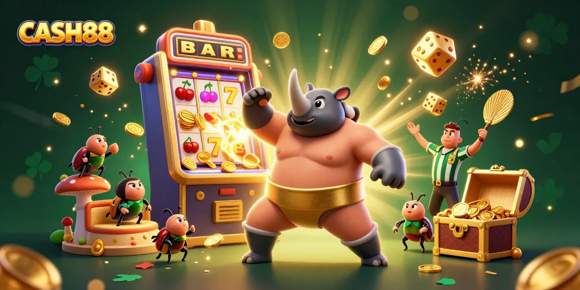 Experience the excitement of CASH88 with a vibrant 3D illustration showcasing thrilling casino elements and a dynamic beetle champion.