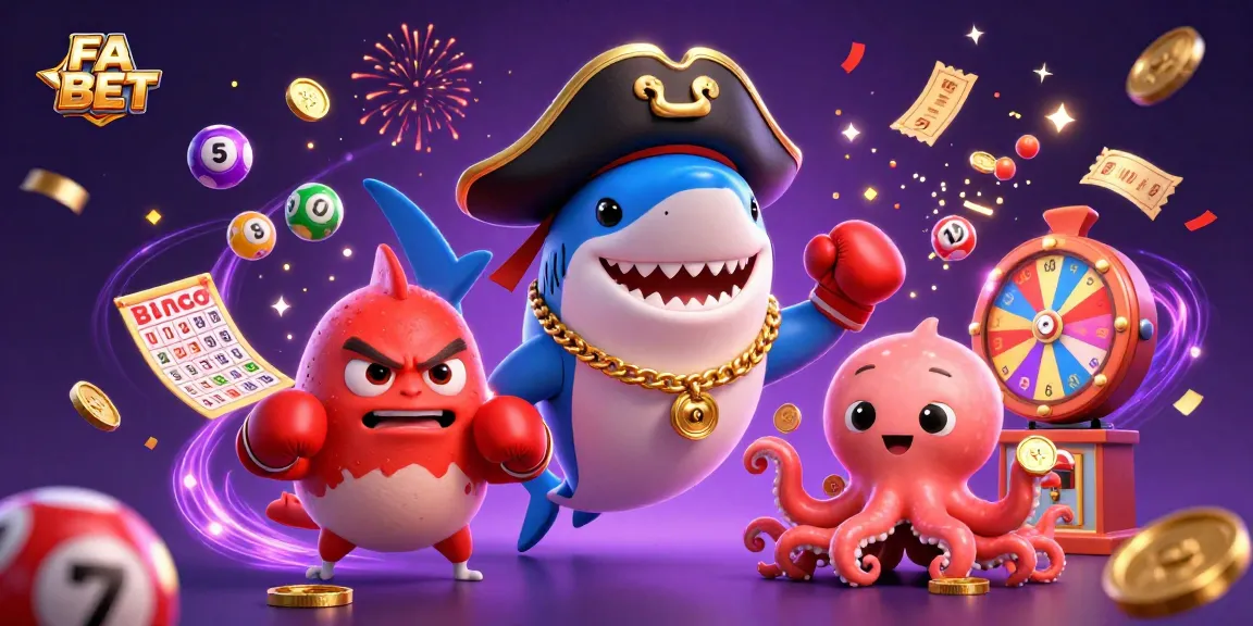 Engage with FA BET's vibrant lottery and bingo scene featuring animated characters and festive elements.