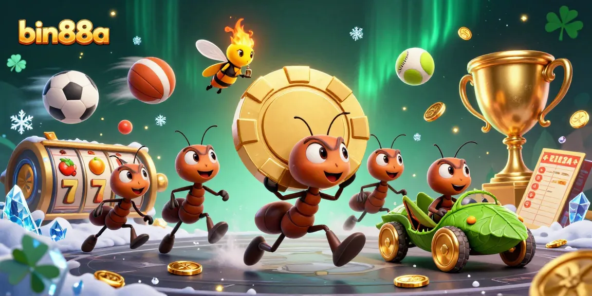 Win big at bin88a with a heist scene of ants carrying a huge chip, showcasing gambling excitement.