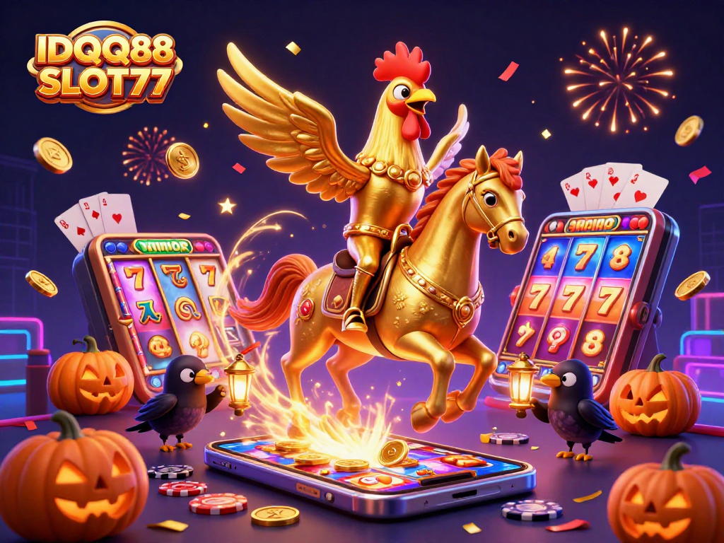 IDQQ88 SLOT77 offers exciting slot adventures with a golden rooster in a vibrant casino scene.