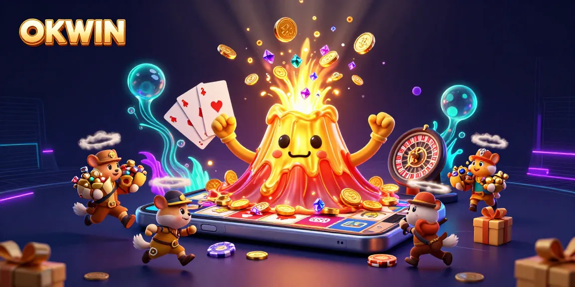 Experience the thrill of OKWIN with a vibrant scene of a triumphant volcano erupting coins and gems amidst a lively casino environment.