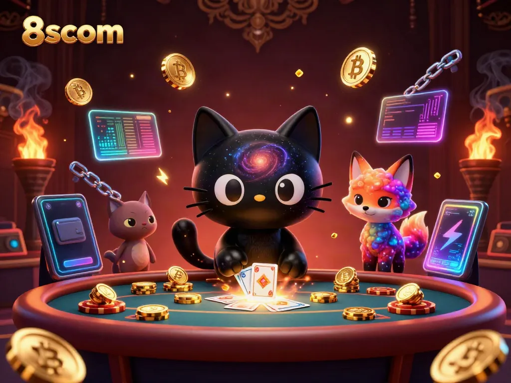 Spin the galaxy-themed casino with 8scom's cosmic characters pulling in chips and cards.