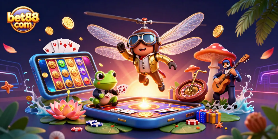 Engage with bet88 com as the dragonfly pilot and frog croupier bring a vibrant casino scene to life.