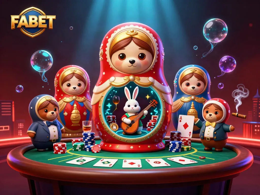 FABET showcases a vibrant casino scene with Matryoshka bears and poker elements in an immersive 3D setting