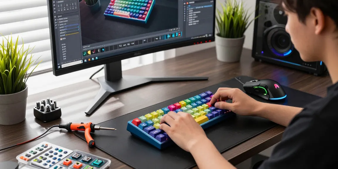 Enthusiast assembling MCHOSE custom mechanical keyboard kit with colorful keycaps and switches.