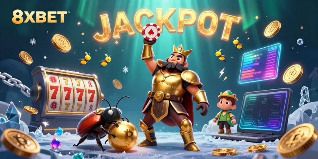 Experience the excitement of 8XBET with our epic victory scene featuring cartoon beetles celebrating jackpot wins.