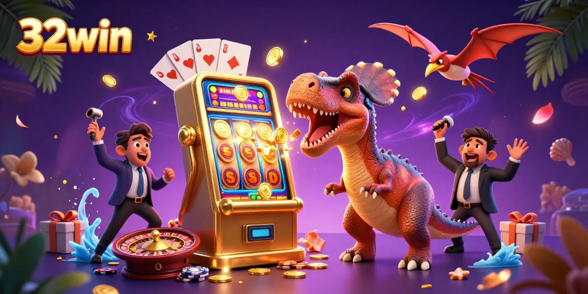 32win pachycephalosaurus plays a golden slot machine with coins raining down in an exciting casino scene