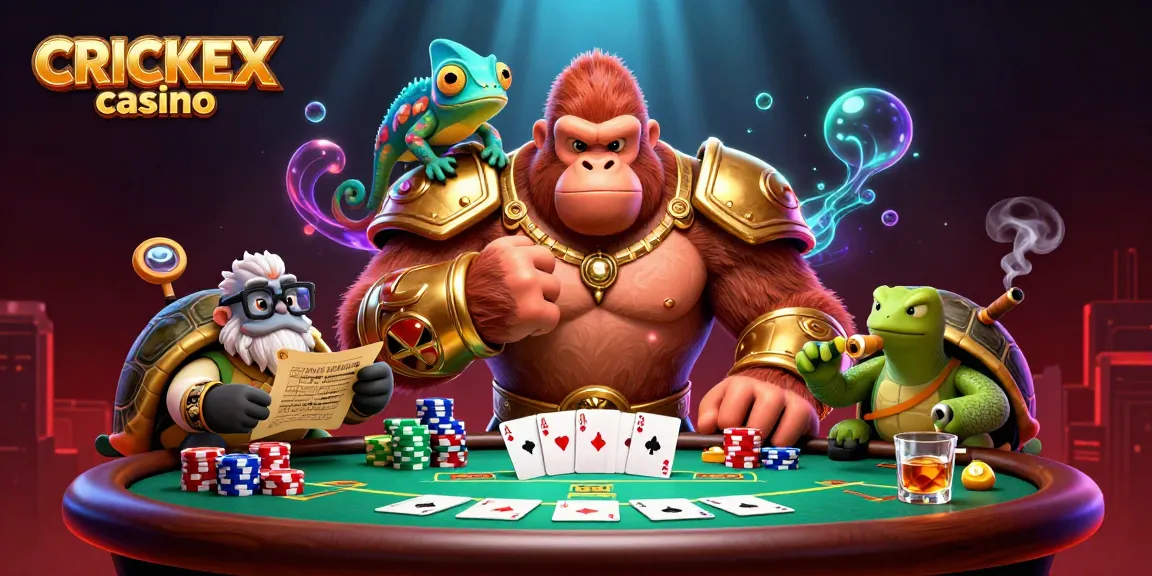 Experience the excitement of CRICKEX casino with a dynamic 3D scene featuring exciting poker action and vibrant character design.