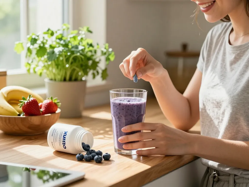 Xuno Mega Blueberry tablets complementing a refreshing smoothie in a bright kitchen, promoting health and wellness.