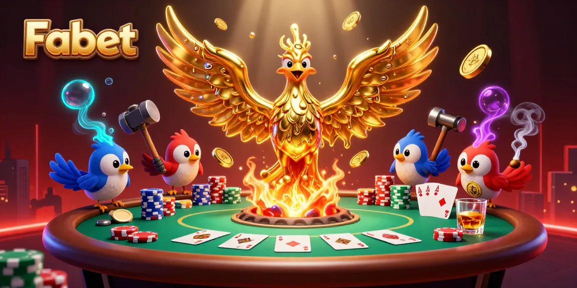 Win big with Fabet: A molten metal phoenix and poker scene illustrating a vibrant casino