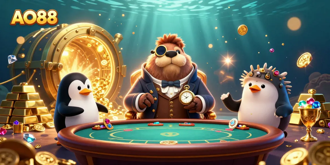 Experience the excitement of AO88 with a jolly walrus and poker game underwater.
