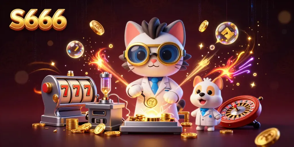 S666 platform scene with a cartoon mad scientist cat creating gold coins, surrounded by gambling elements.