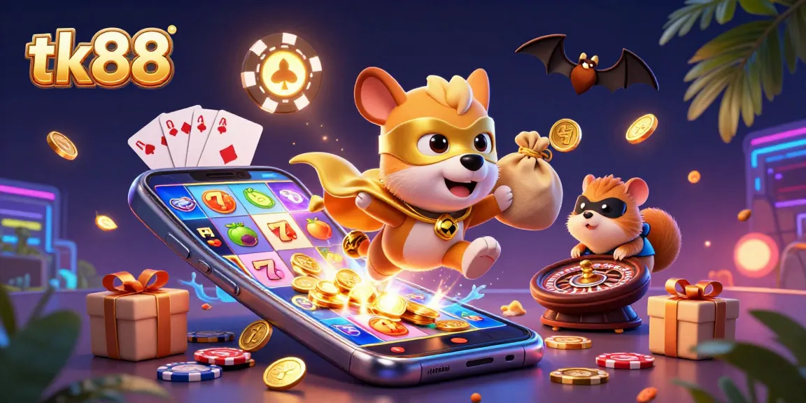 tk88 casino illustration featuring a superhero dog with gold coins, vibrant casino elements, and dynamic scene.