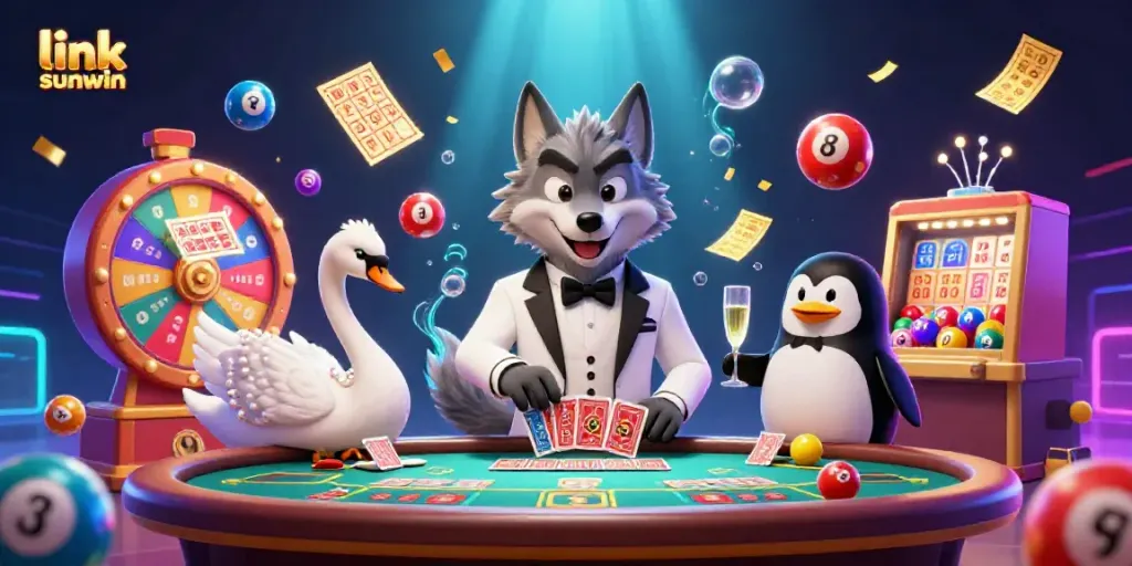 Experience thrilling gameplay at link sunwin with a 3D wolf and elegant characters in a vibrant casino scene.