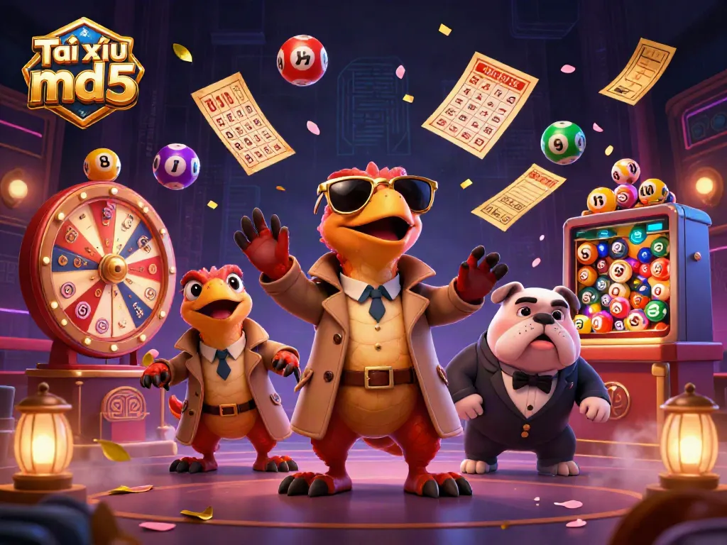Experience Tài xỉu md5 with three raptors hilariously sneaking into a casino, amidst vibrant lottery elements.