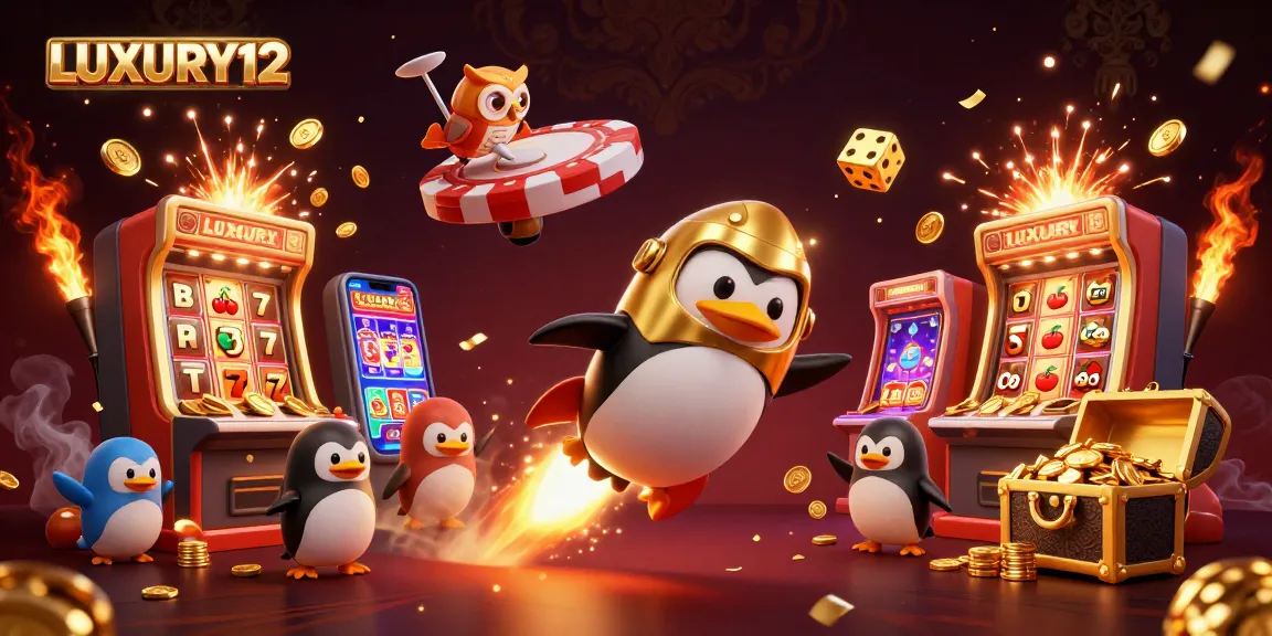 Experience thrilling gameplay at LUXURY12, illustrated with a golden penguin, jackpots, and casino excitement.