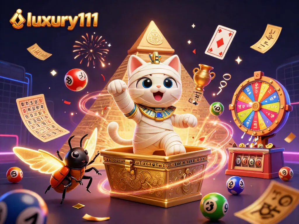Experience the excitement of luxury111 with vibrant lottery elements and dynamic characters.