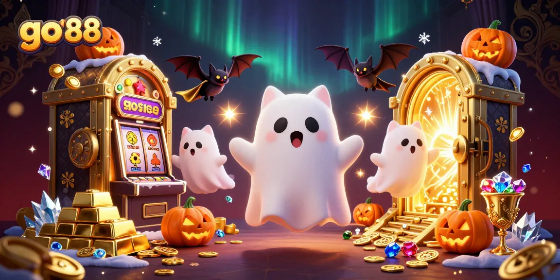 Experience thrilling wins at go 88 with a whimsical casino scene featuring a friendly ghost cat and glowing jack-o-lanterns.