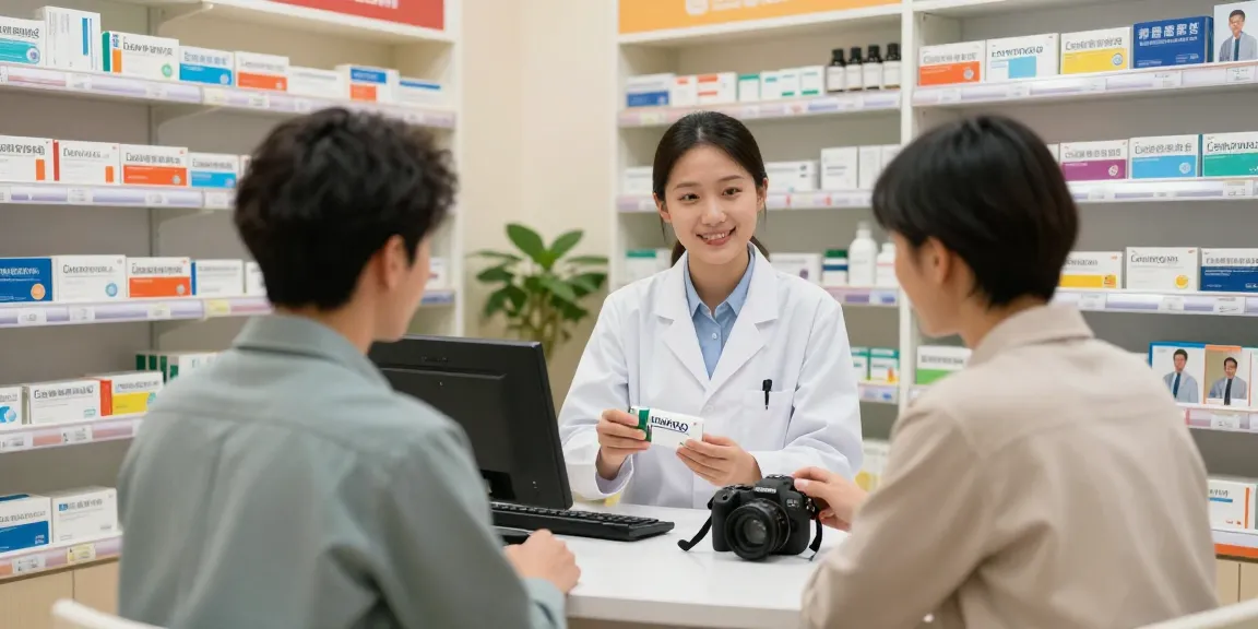Pharmacist discussing Levitra with a male customer in a welcoming pharmacy, showcasing health and wellness environment.