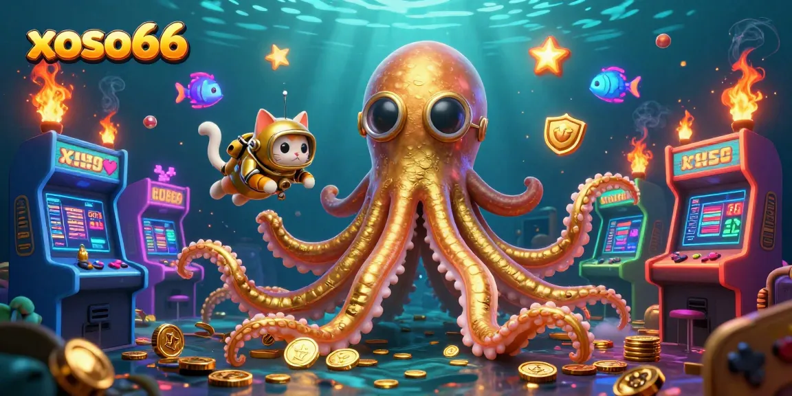 Uncover thrilling lottery adventures with xoso66, featuring a kraken and diving cat in a treasure scene.