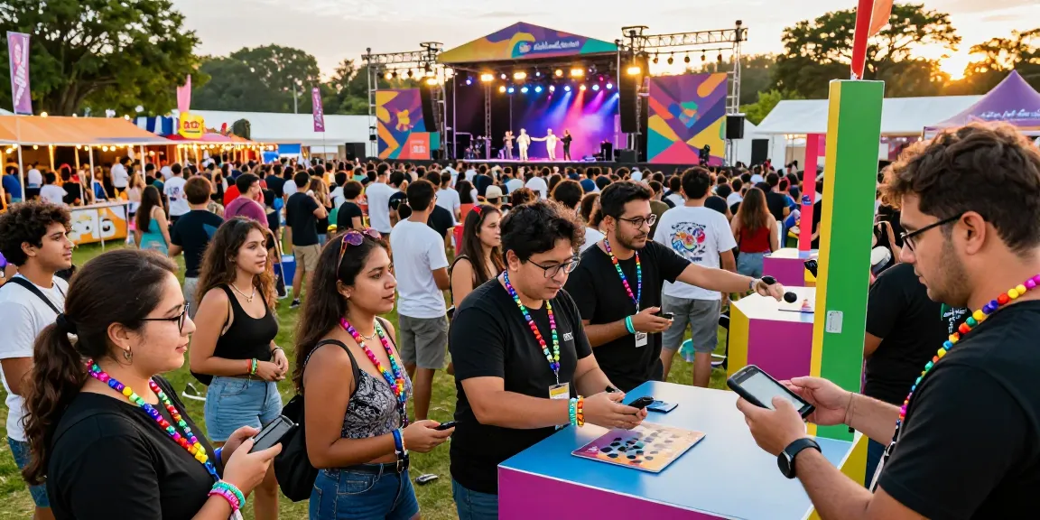 Attendees using pulseras con chip para eventos for seamless access control at a vibrant festival.