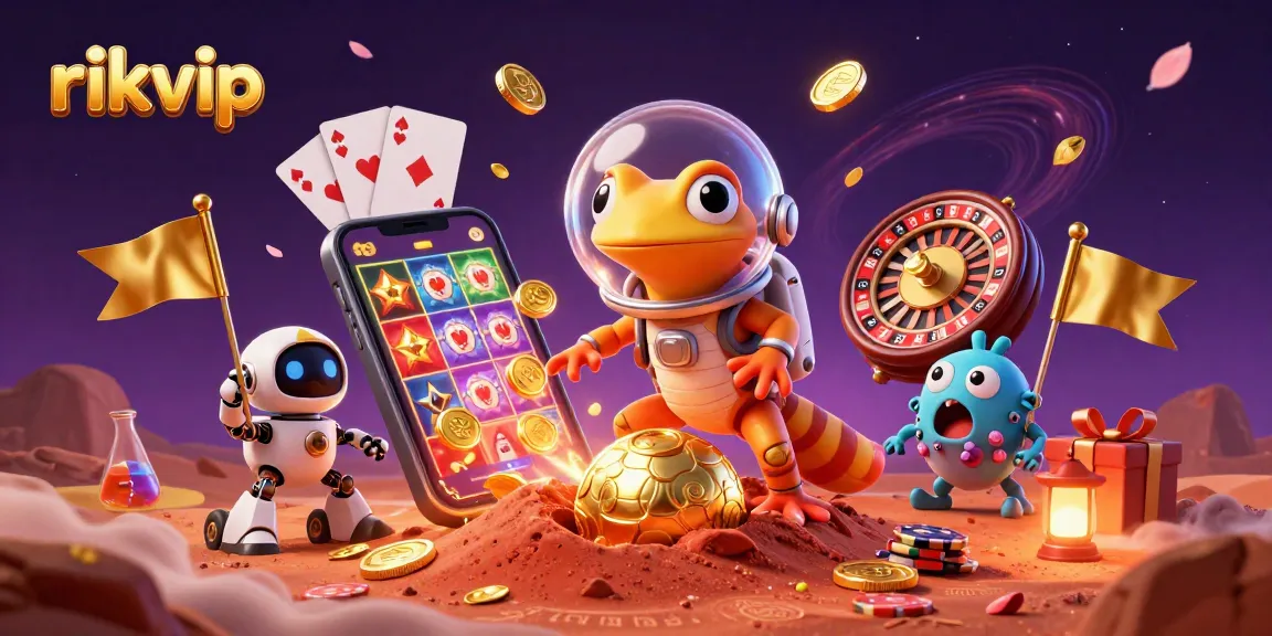 Experience the excitement of rikvip with a Martian gecko exploring a golden casino filled with dynamic slot games and vibrant treasures.