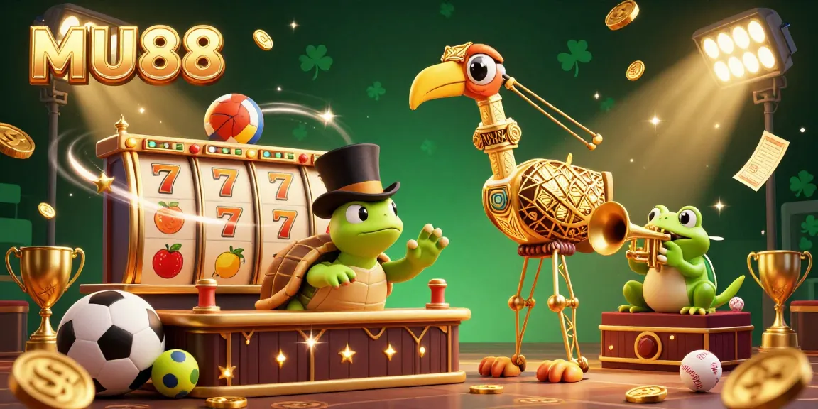 Experience the excitement at MU88 with vibrant 3D casino elements showcasing slot reels and golden graphics.