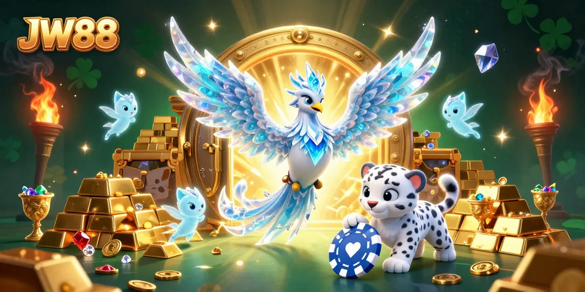 Experience the thrill of JW88 with a dazzling illustration of a phoenix and ice sprites amidst a treasure-filled casino.