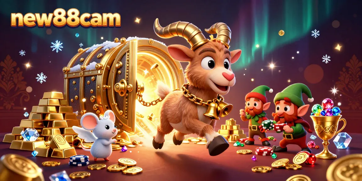 Engage with new88cam in a vibrant digital casino scene featuring playful characters and rich treasures.