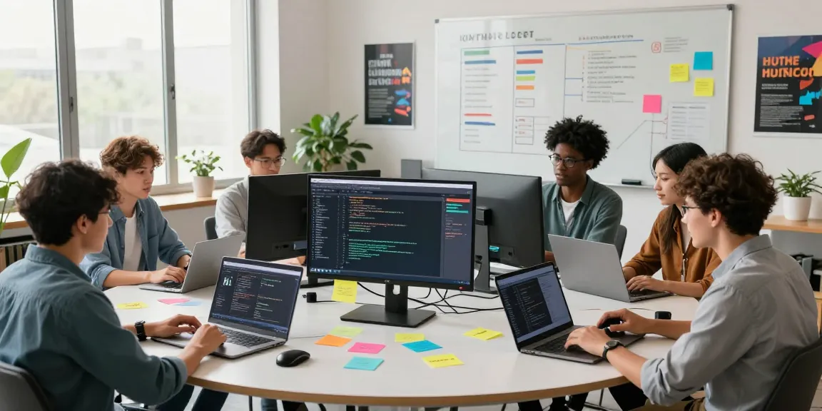 Team collaboration at a digital workspace showcasing innovative development techniques on miraviglp.com.