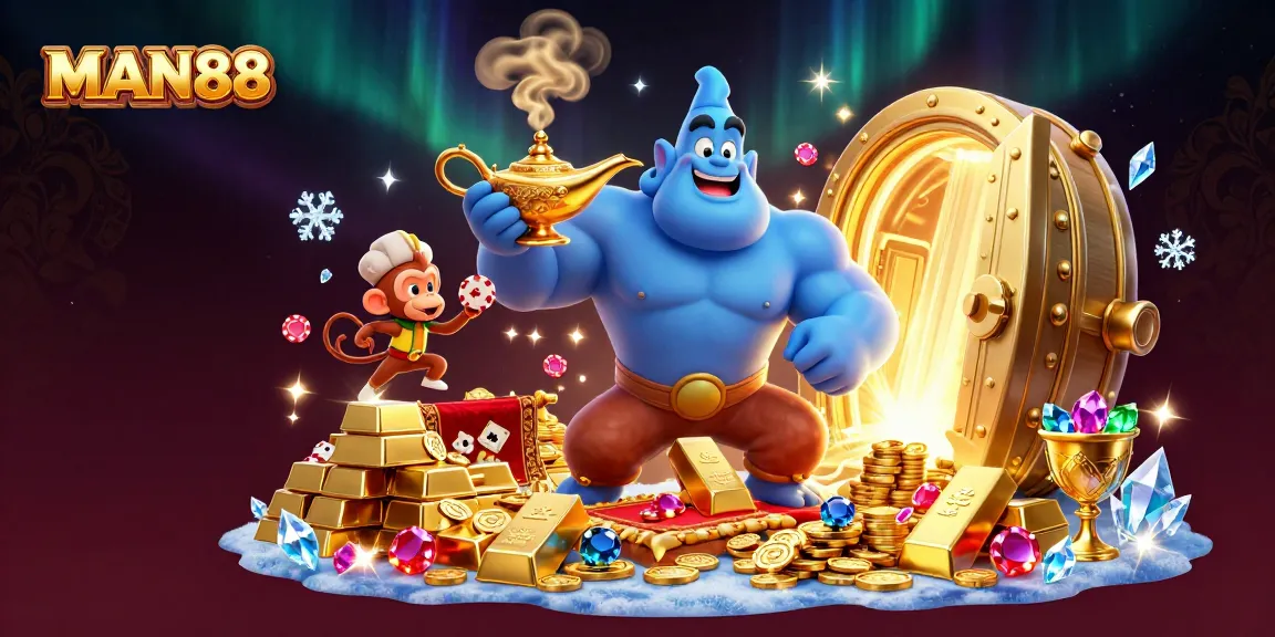 Experience winning excitement at MAN88 with treasures and playful characters in this dazzling casino art.