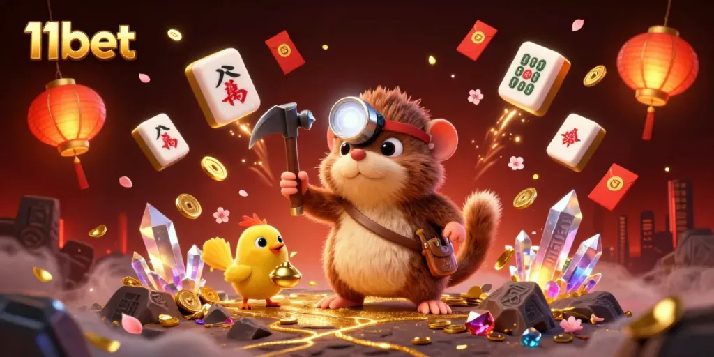 Experience thrilling online gambling with 11bet in a vibrant 3D treasure mining scene.
