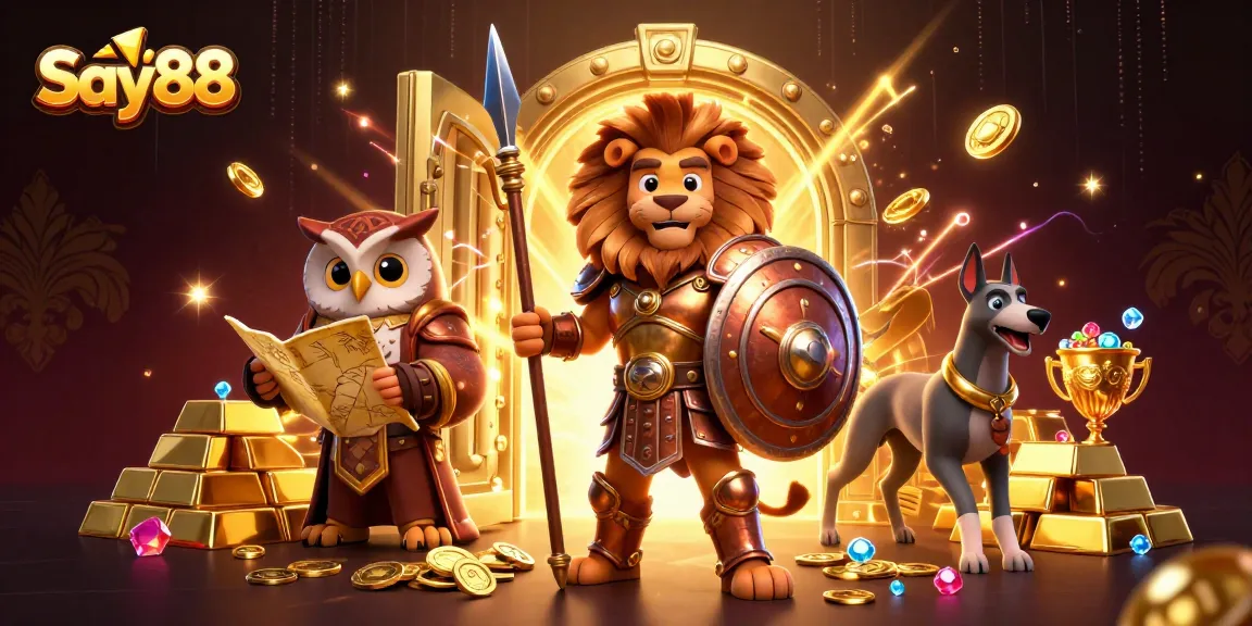 Engage in thrilling gameplay at Say88 online casino, featuring a dramatic 3D scene with iconic characters.