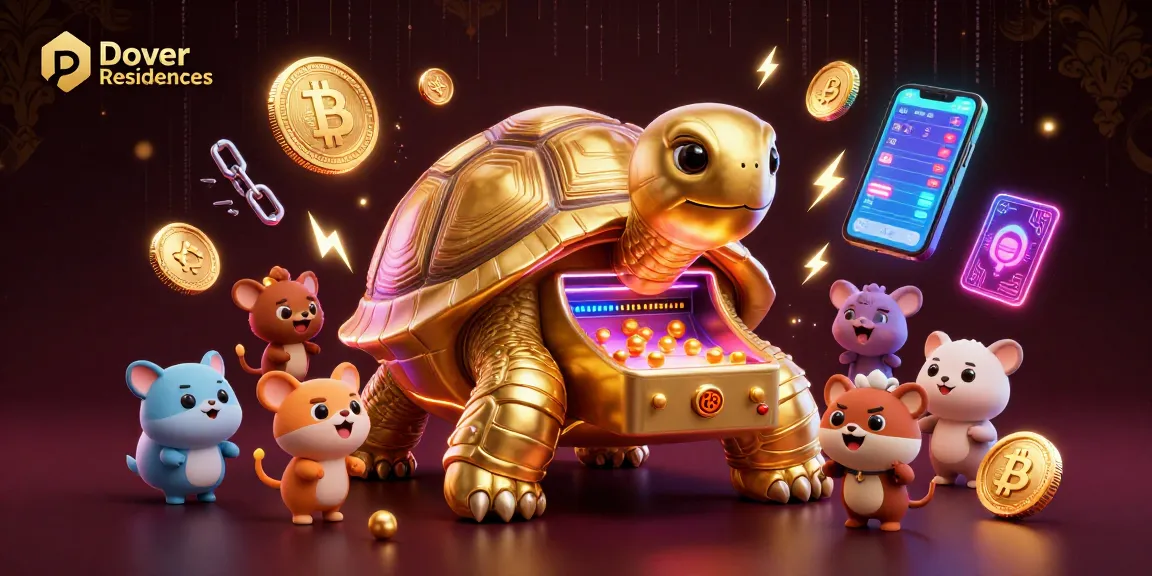 Dover Residences promotes exciting gaming with a golden tortoise pinball machine and crypto elements.