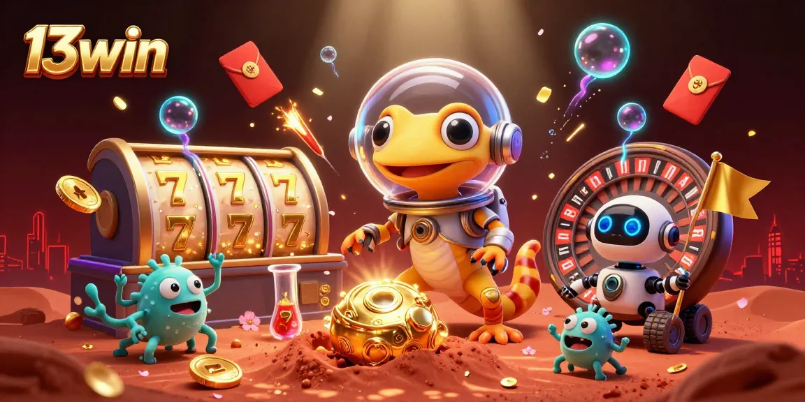 13win casino scene with Martian gecko discovering golden treasures, spinning reels, and glowing roulette.