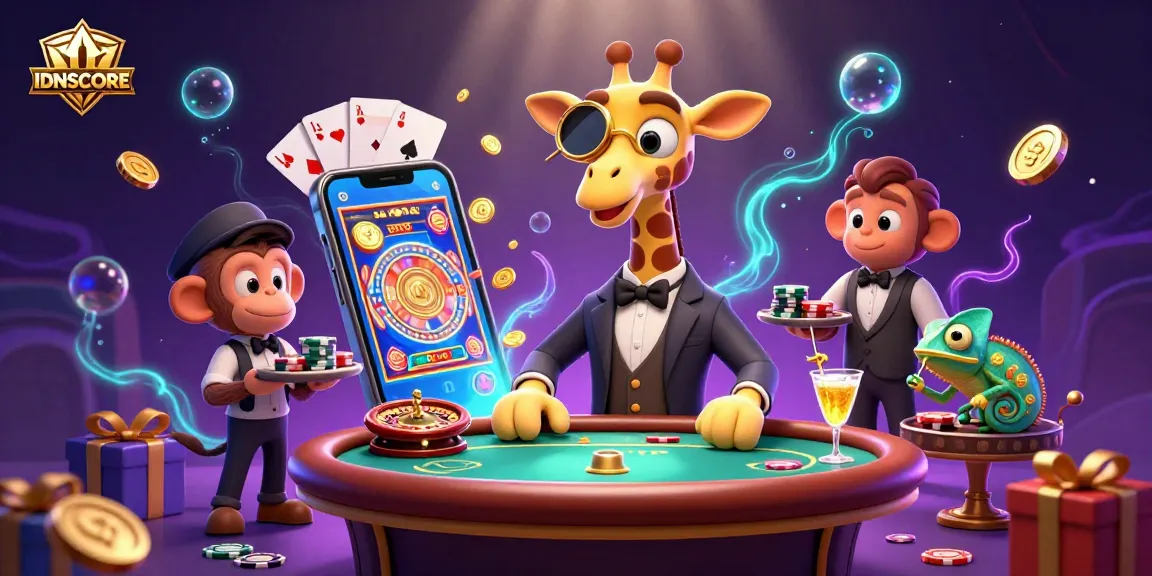 Experience thrilling gameplay at IDNSCORE with vivid slot games and charismatic characters in a lively casino scene.