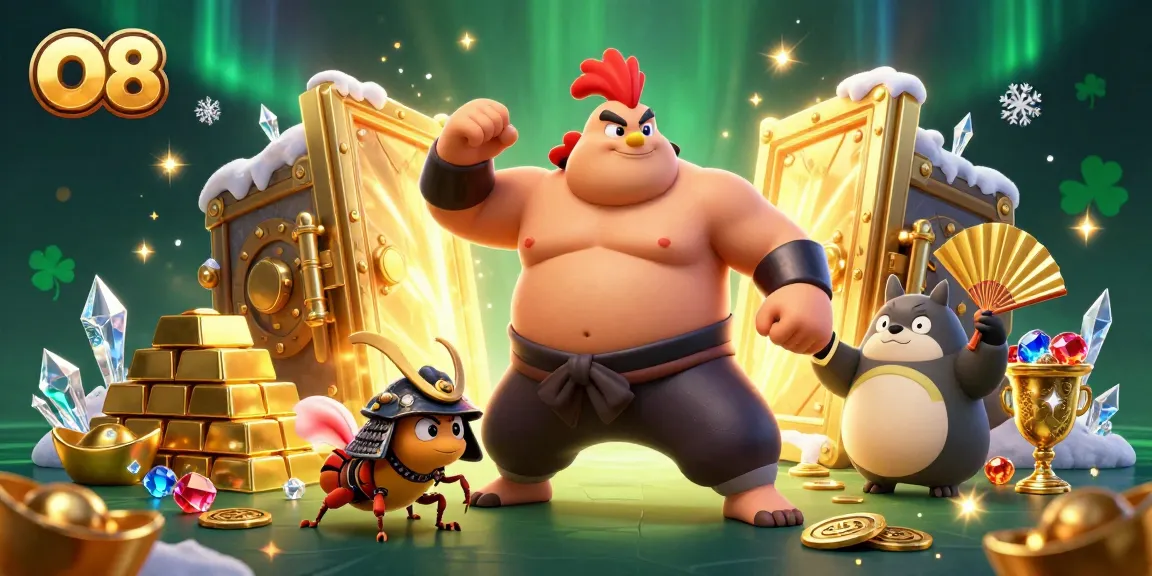 O8 casino features a powerful rooster and samurai cricket amidst treasures and shimmering jewels.
