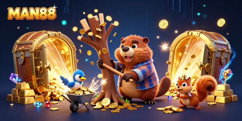 Engage with MAN88's vibrant casino world featuring playful characters collecting treasures.