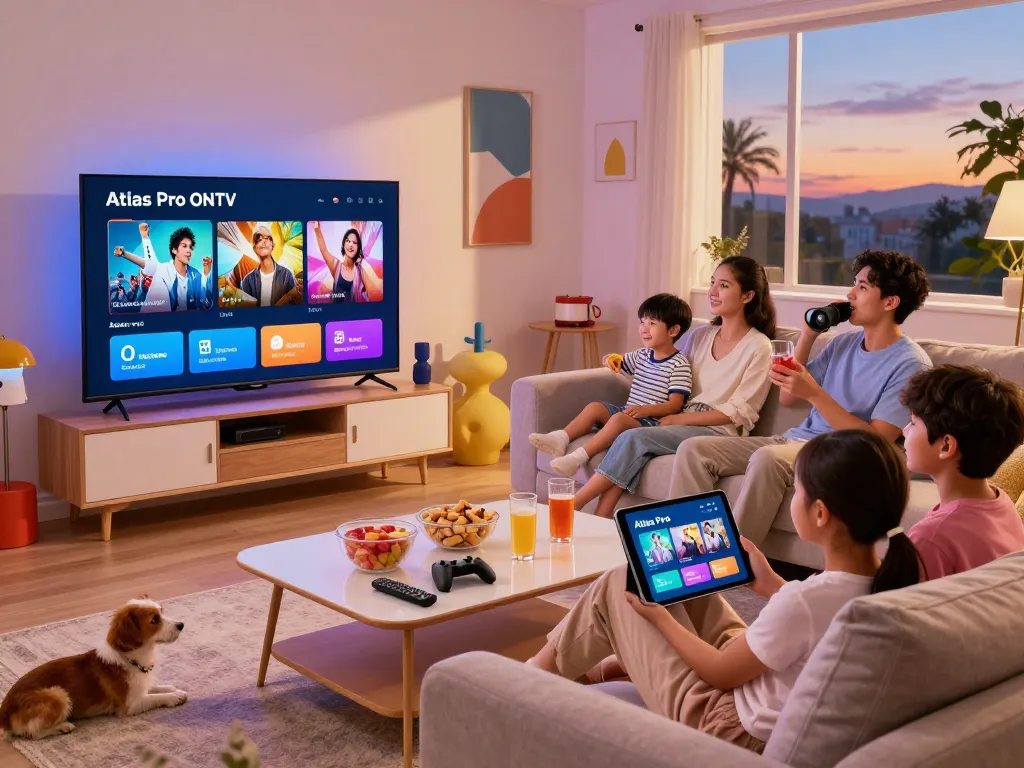 Famille profitant d'un moment de qualité avec Atlas Pro ONTV streaming sur la télévision dans un salon confortable.