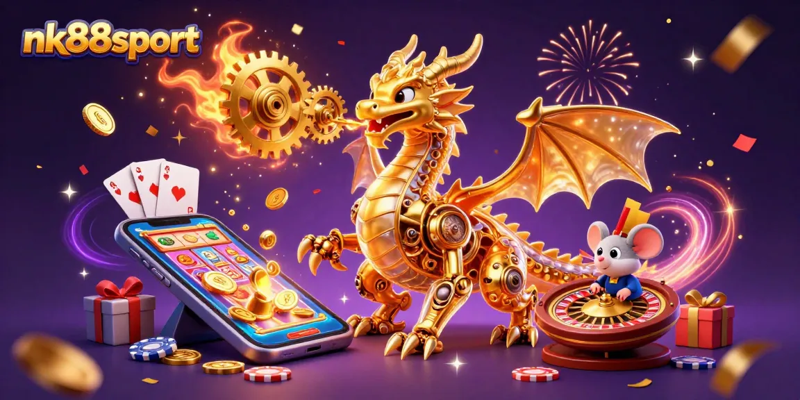 Engage with nk88sport's vibrant casino experience, featuring a golden dragon and dynamic gaming elements.