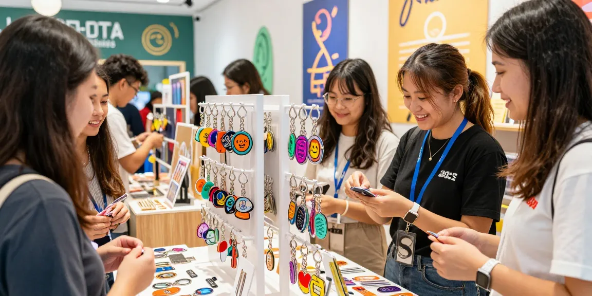 Explore vibrant custom keychains at a stylish retail display with enthusiastic customers and friendly staff.