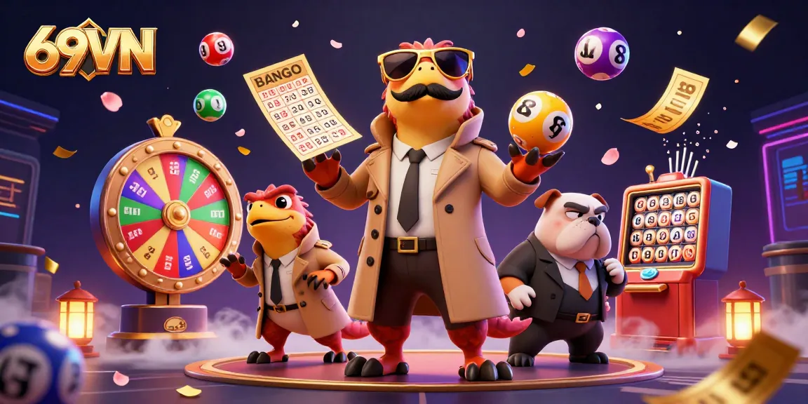Experience thrilling gaming excitement at 69VN with colorful lottery elements and dynamic casino scenes.