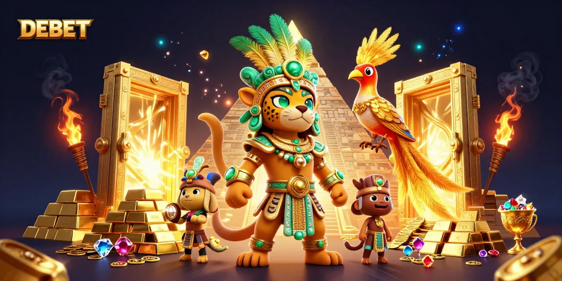 Engage with DEBET in a vibrant 3D scene showcasing legendary gaming, treasure, and excitement.