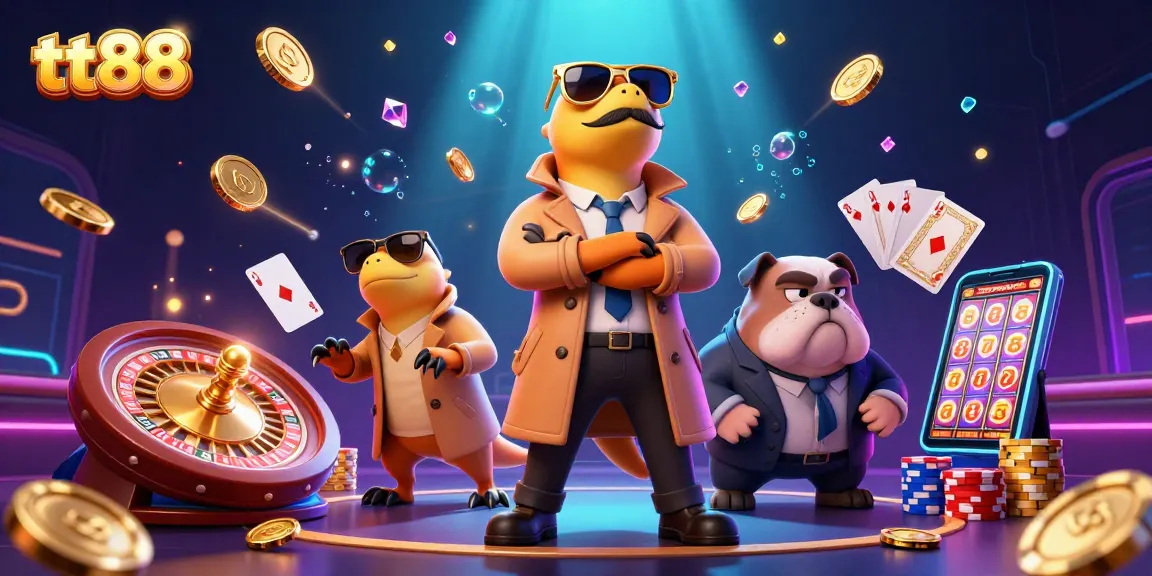 Engage with the tt88 experience in a vibrant casino scene filled with raptors, coins, and colorful gaming elements.