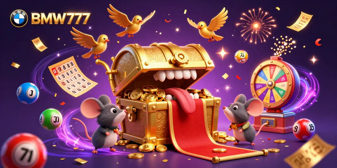 Engage with BMW777's vibrant lottery scene featuring animated colorful elements and a treasure chest.