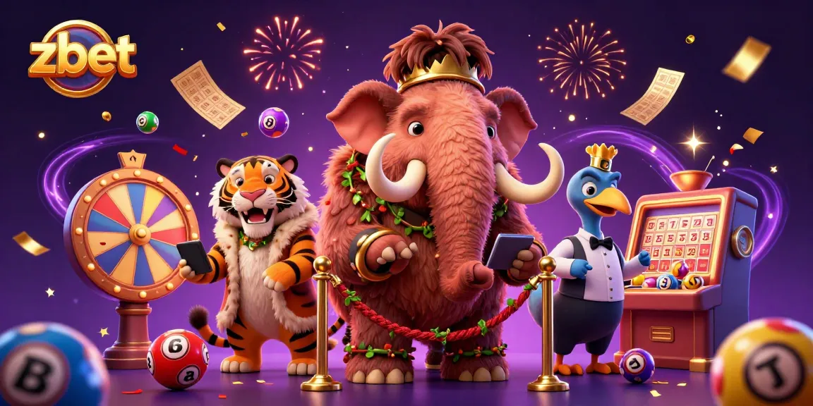 zbet casino scene with a woolly mammoth bouncer checking IDs, surrounded by lottery balls and confetti
