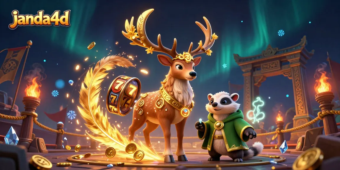 Menangkan permainan slot di janda4d dengan antler magis dan simbol keberuntungan yang bersinar.
