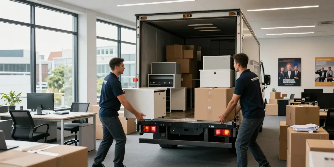 Commercial movers Tauranga expertly relocating office equipment in a modern urban setting.